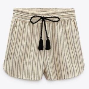 ZARA BLACK AND CREAM LINEN TASSLED DRAWSTRING SHORTS